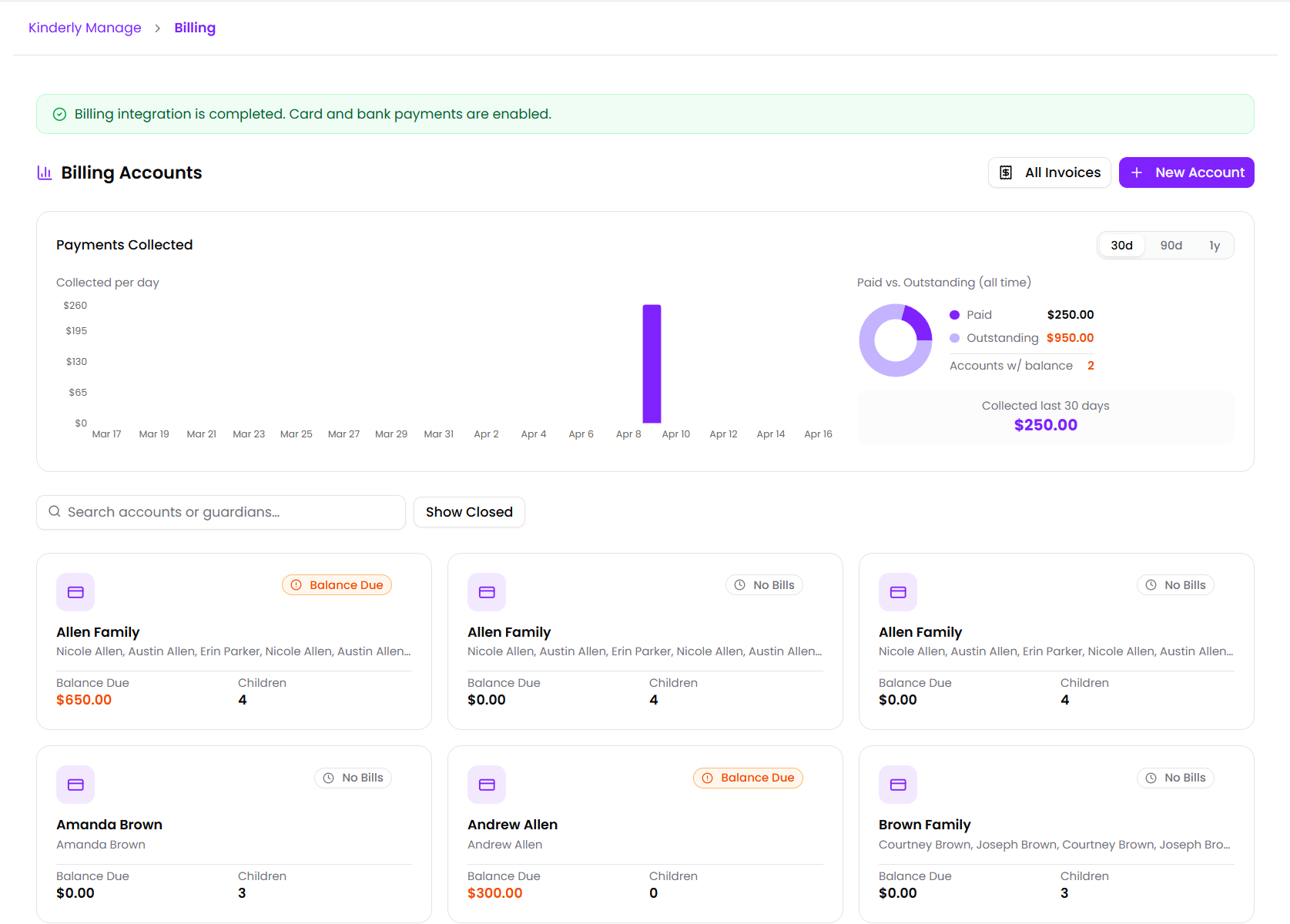 Kinderly billing accounts and invoices view