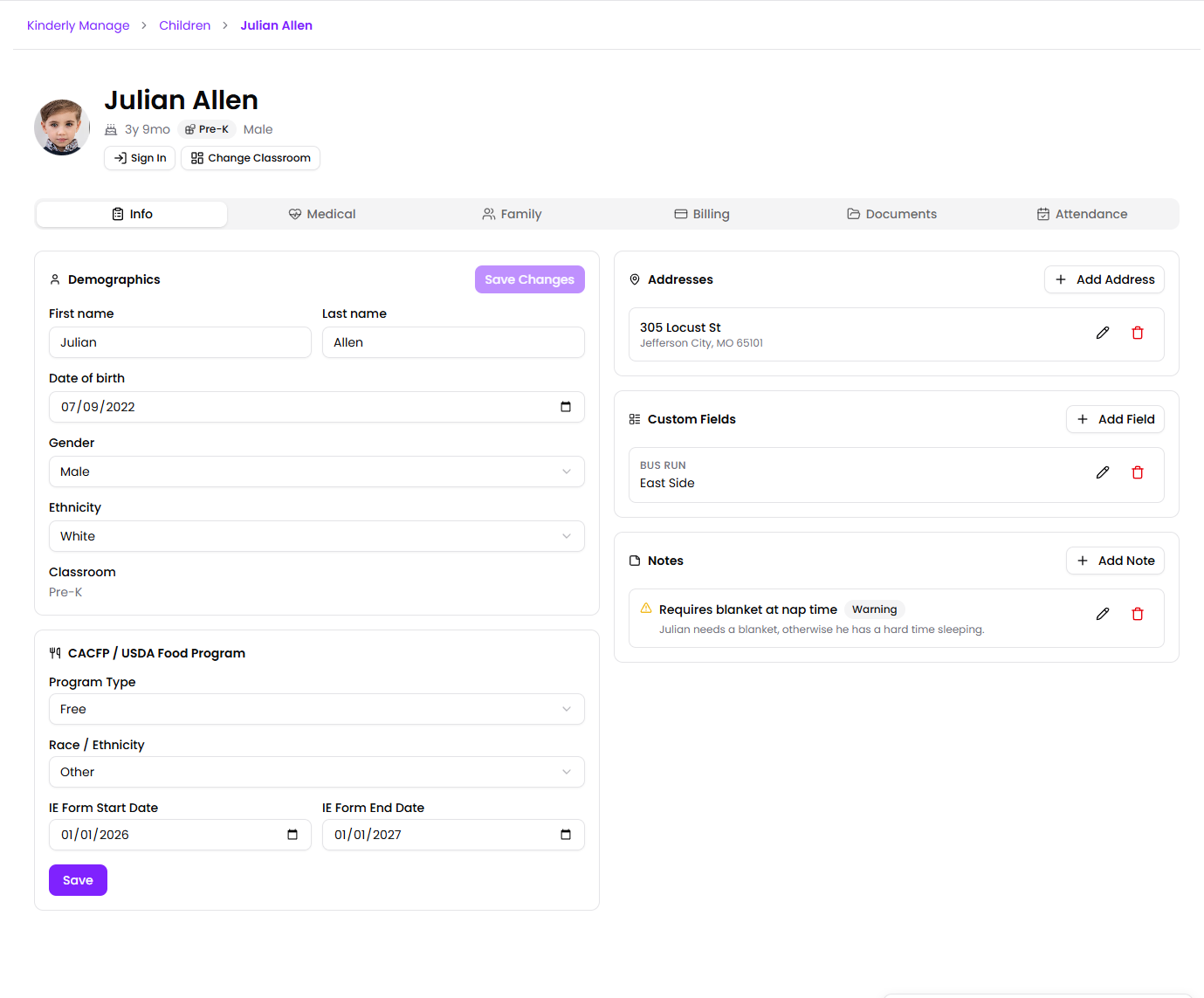Kinderly Manage child detail
