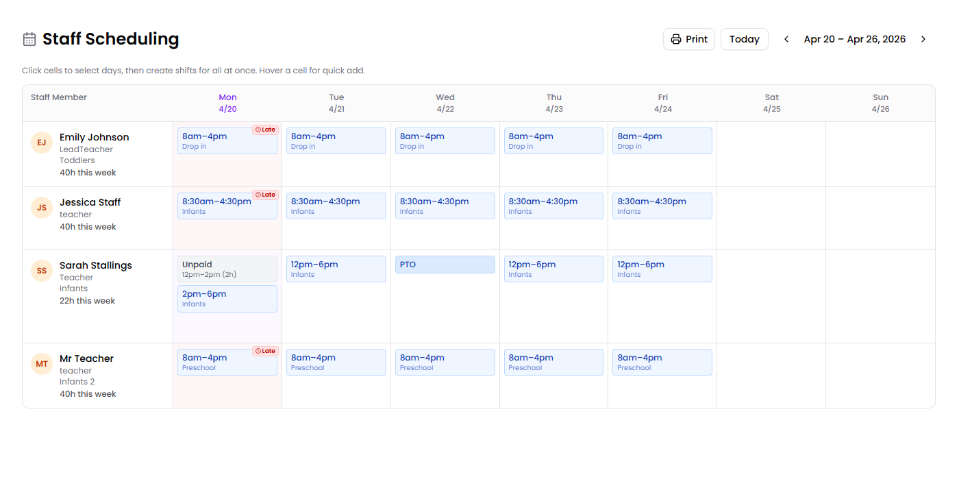 Attendance and scheduling dashboard screenshot