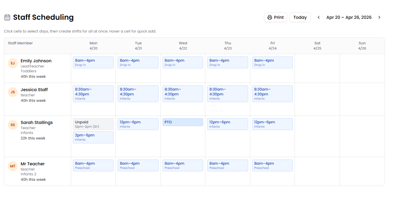 Kinderly Manage staff scheduling grid
